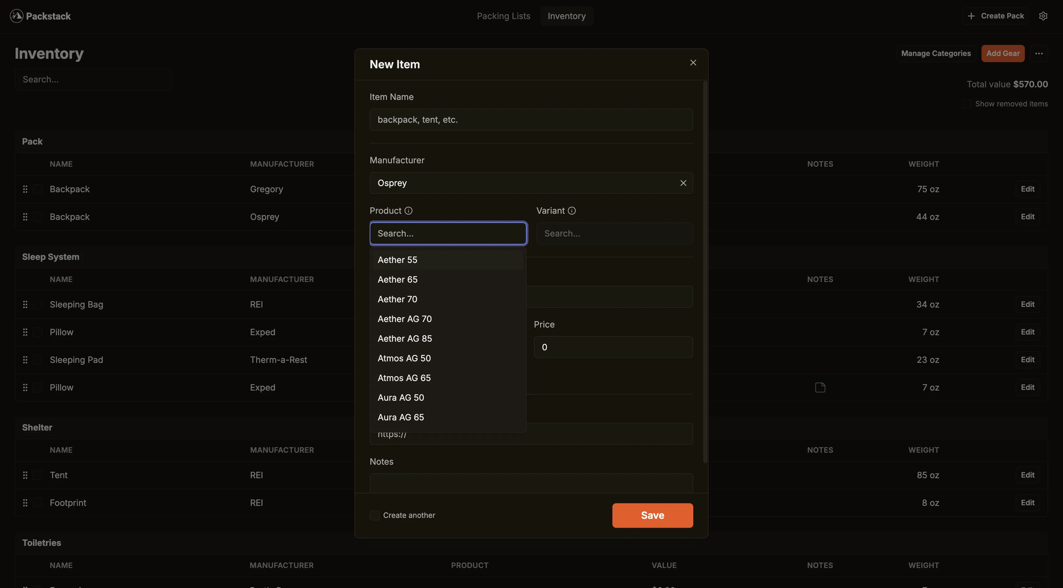 Packstack gear inventory showing categorized backpacking equipment with weights and product details