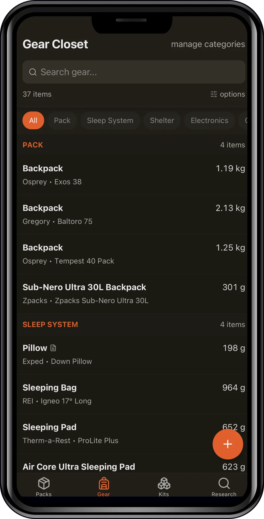 Packstack mobile app for iOS and Android showing a packing list