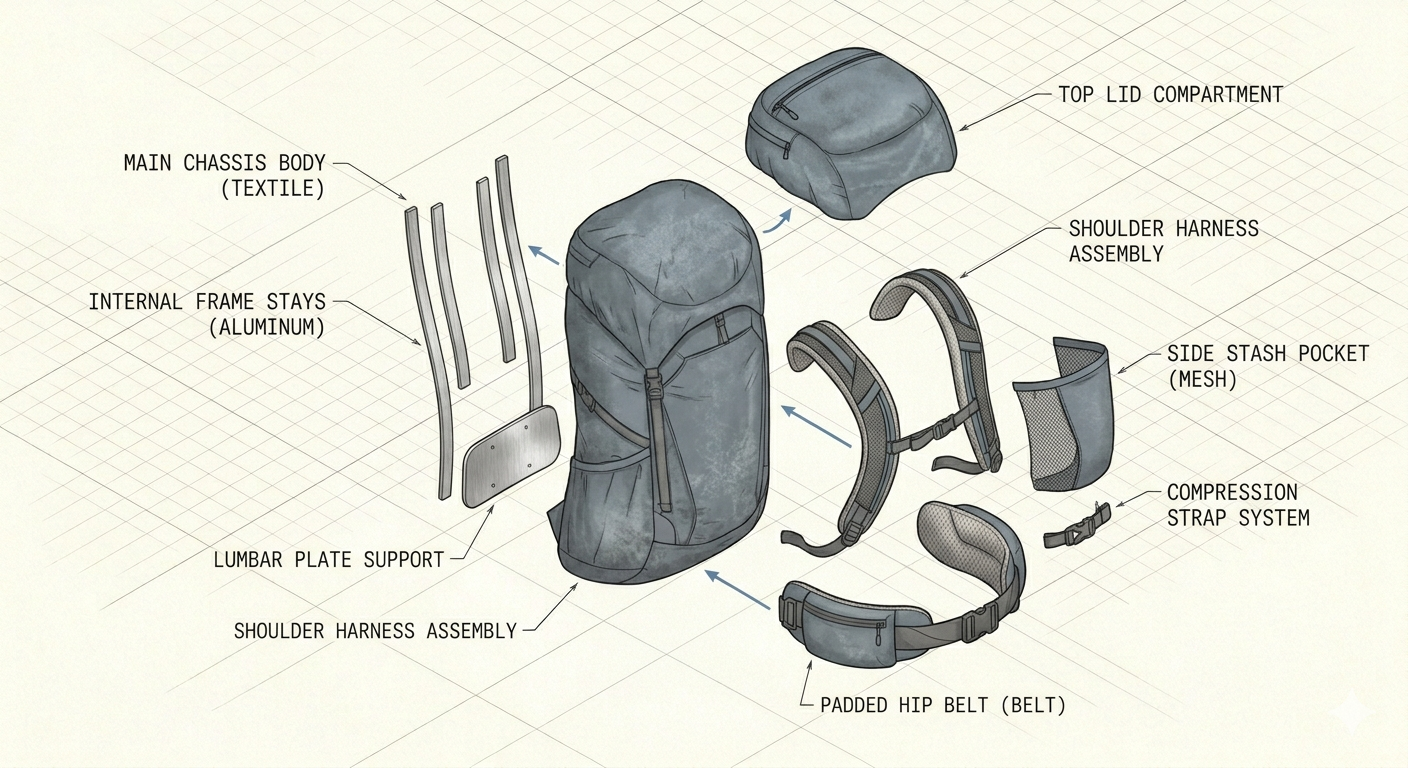 A detailed diagram of a backpacking backpack