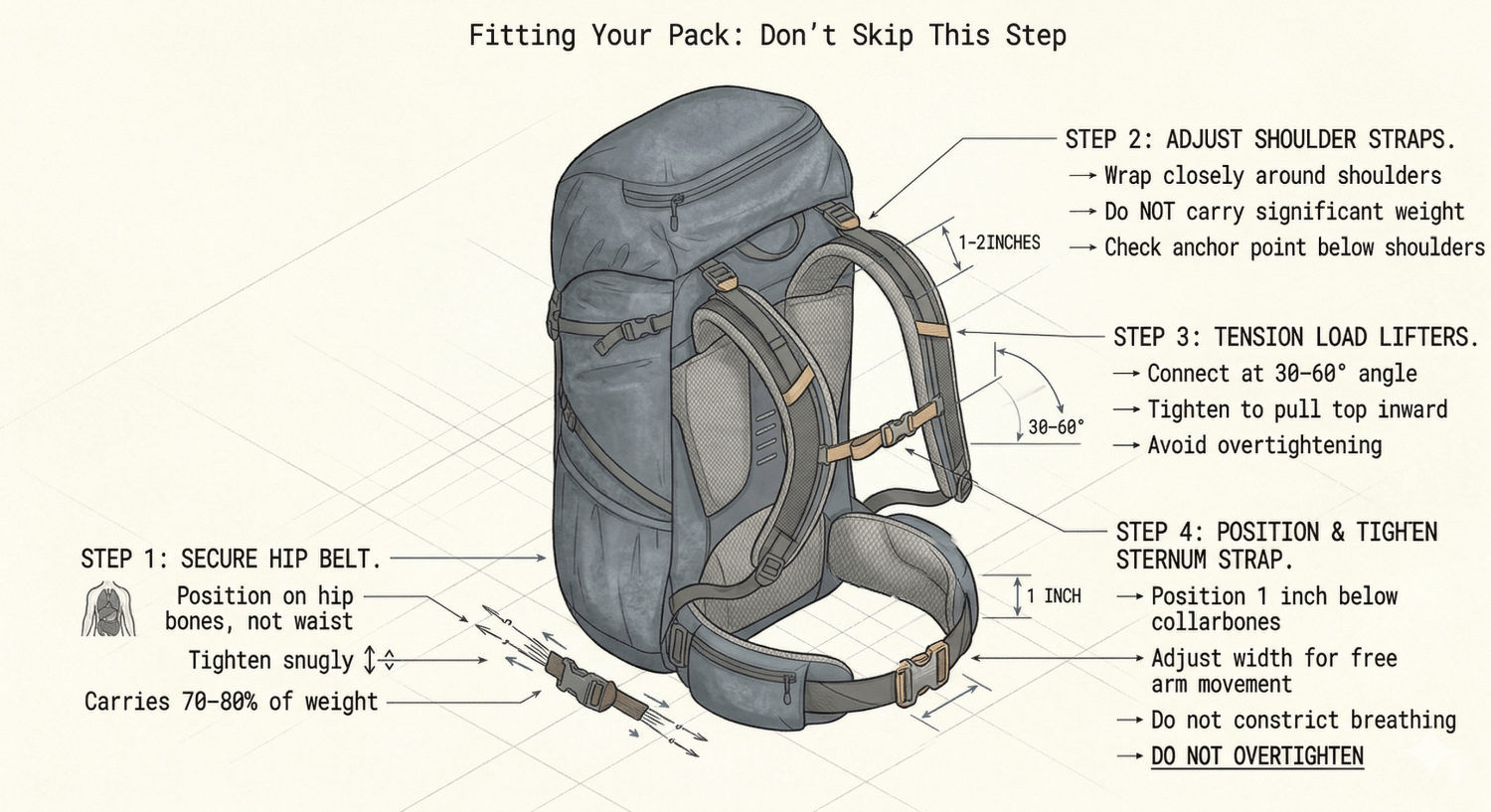 Annotated diagram of a loaded backpacking pack showing the four-step harness fitting process: secure hip belt on hip bones, adjust shoulder straps with anchor points 1–2 inches below shoulders, tension load lifters at a 30–60 degree angle, and position sternum strap one inch below collarbones