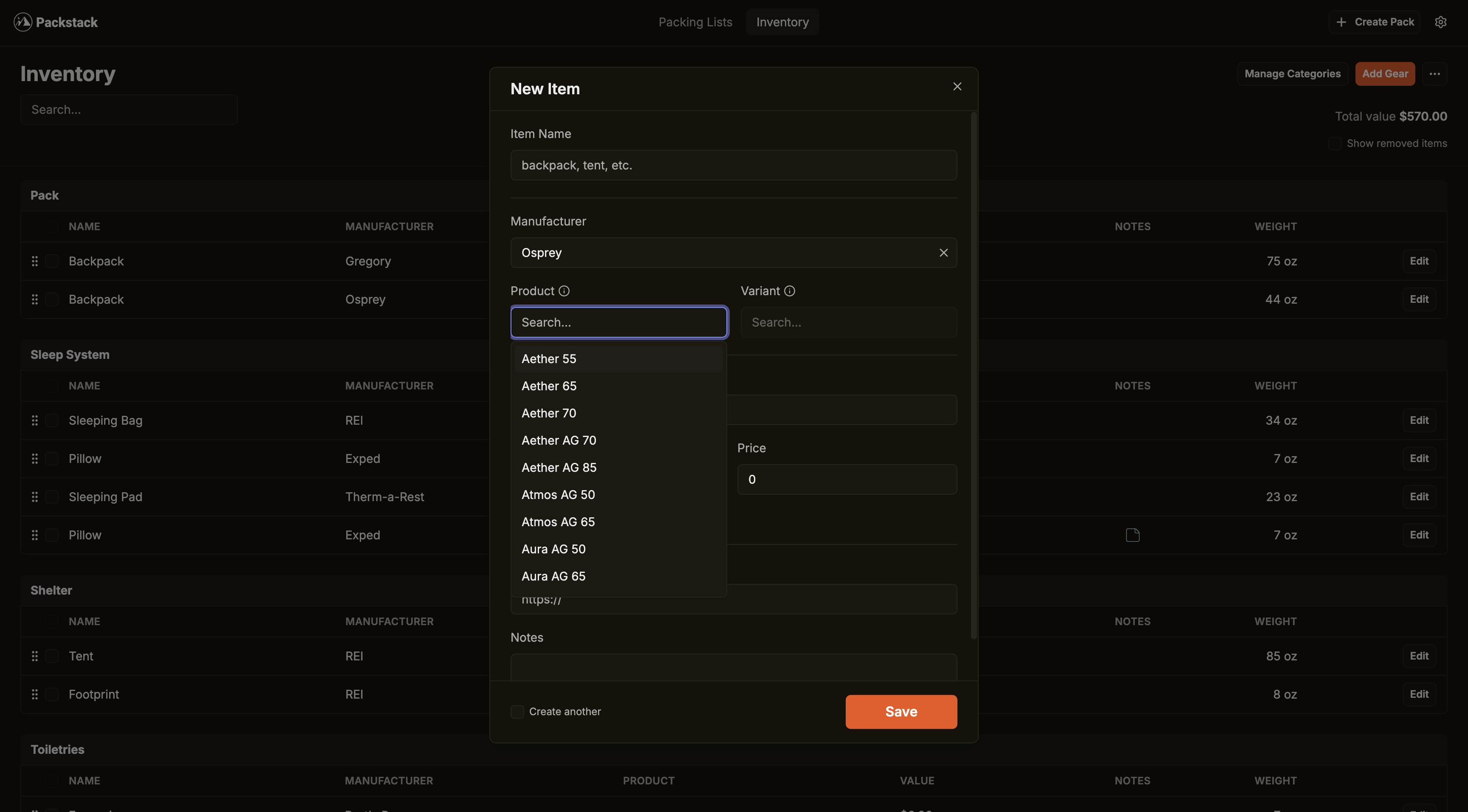 Screenshot of Packstack's gear inventory management tool