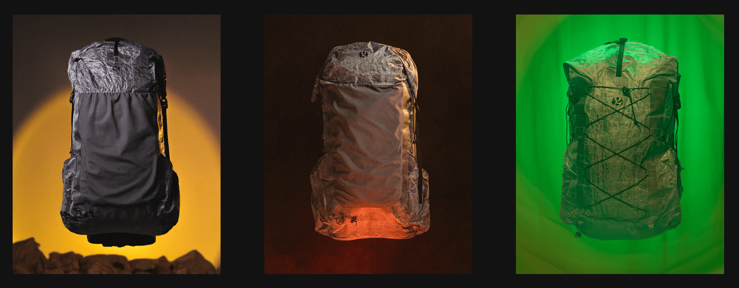 The Gossamer Gear Alchemy collection featuring the Mirage 40, Murmur 36, and Elixir 20 packs made with ALUULA Graflyte